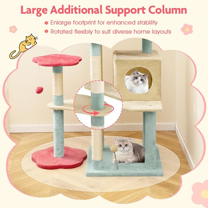 61" Floral Multi-Level Cat Tree Tower with Condo, Scratching Posts, Perches & Toys – Modern Cat Furniture for Indoor Cats, Beige/Blue/Red – Plush & Sisal, 33 lb Per Layer Capacity
