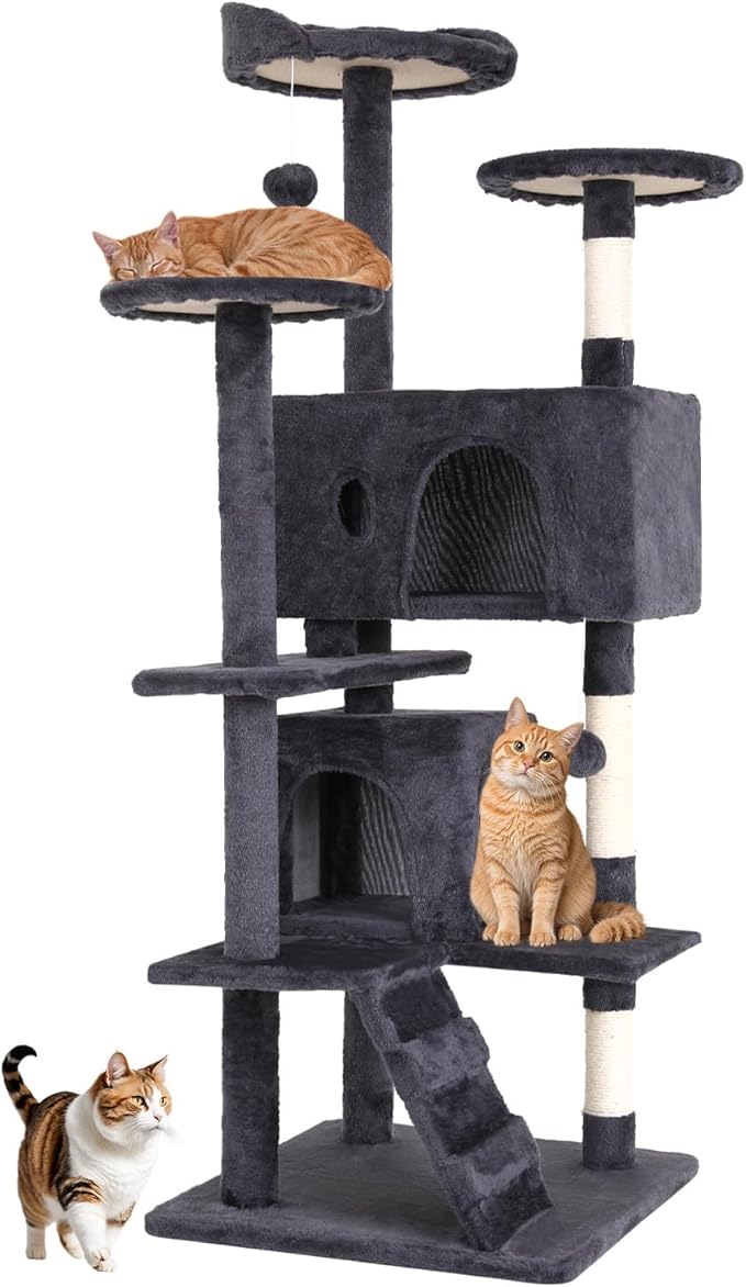 BestOffice 54 Inch Cat Tree, Multi-Level Cat Tower with Condo, Perches, Sisal Scratching Posts, Climbing Ladder,Indoor Activity Center Play House for Kittens & Adult Cats, Ashy
