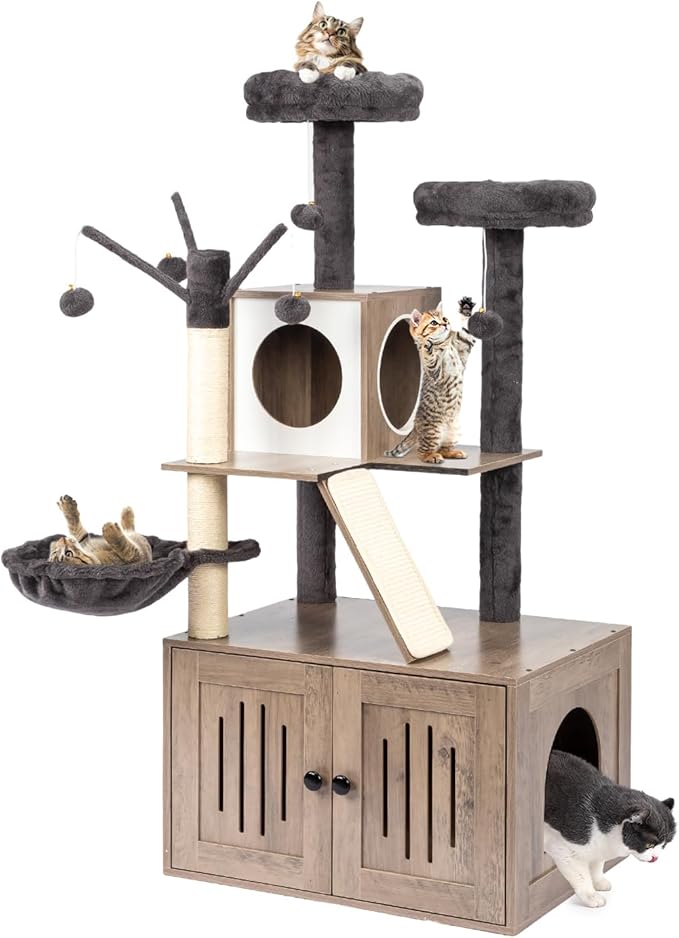 VINGLI Cat Tree Tower with Litter Box, 54" H All-in-1 Wooden Cats Condo, Cat Tower wih Scratching Posts, Houses for Indoor Kittens Hidden Cat Washroom Furniture, Gray (Large-54 H)
