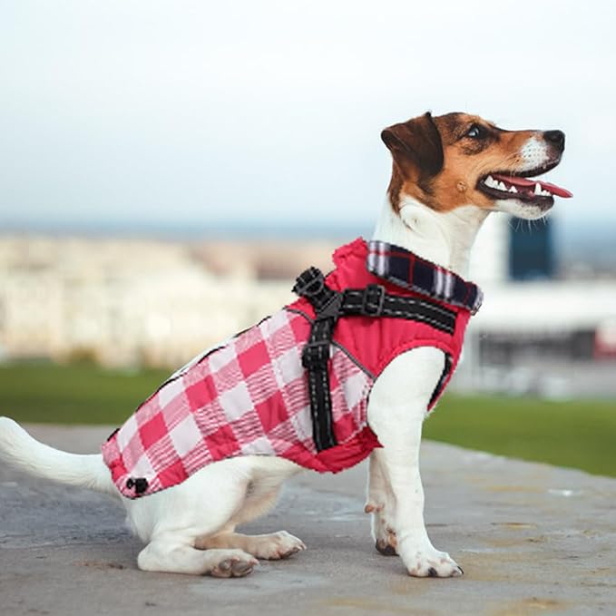 Dog Coat with Harness,Small Dog Winter Coat,Doggie Jackets with Built in Harness,Adjustable Warm Jacket for Medium Large Dogs,Pet Puppy Cold Weather Coats for Dogs Waterproof (PlaidPink, Large)