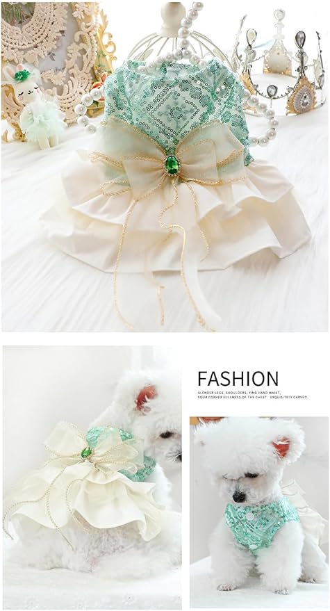 Fashion Sweet Puppy Dog Blingbling Princess Skirt Pet Dog Lace Cake Camisole Tutu Dress D-Green XS