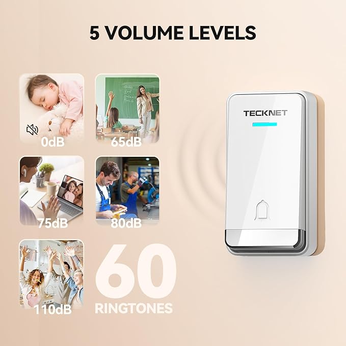TECKNET Wireless Doorbell, Plug-through Door Bell, IP66 Waterproof Doorbells, 1300ft Cordless Rang Door Bell Ringer Wireless, 60 Ringtones & 5 Level Volume, 0-110 dB Doorbell Chime for Home/Classroom