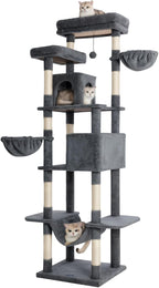Cat Tree, 81-Inch Tall Cat Tower with Scratching Post, Plush Multi-Level Cat Condo with 2 Perches, 2 Caves, 2 Basket, Hammock for Indoor Cats Grey
