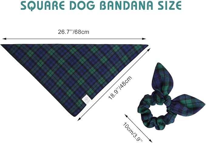 E-Clover Green Dog Bandanas Boy & Matching Scrunchie Set Plaid Dog Scarf Kerchief for Medium Large Dog Pet Bandana Owner Gifts Blue St Patrick Spring