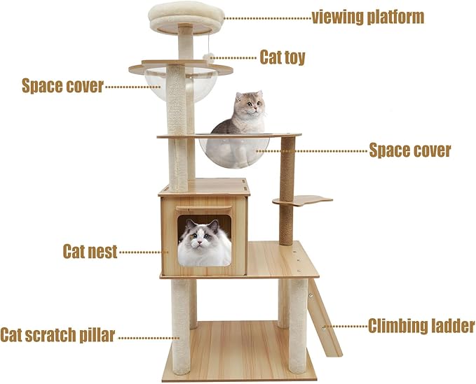 55'' Tall Cat Tree, Modern Cat Tree Tower for Indoor Cats, 5-Tier Cat Climbing Tower with Space Capsules Hammock, Scratching Post and Staircase for Small Large Cats, Cat Condo
