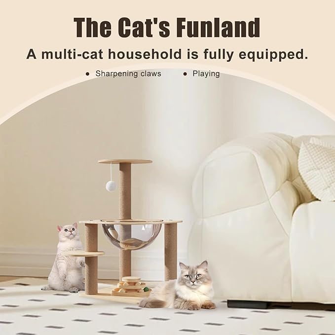 24.7in Large Cat Tree for Indoor Cats, Cat Tower with Sisal Scratching Posts, Cat Activity Center with Cat House, Interactive Teaser Balls, Sturdy Wood Cat Climbing Tower for Kittens&Adult Cats, Beige