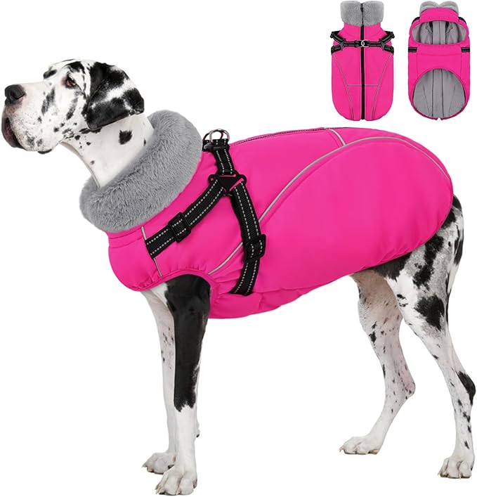 AOFITEE Dog Coat for Large Dogs, Waterproof Dog Jacket with Harness Built in, Warm Fleece Pet Puffer Jacket with Zipper, Cold Weather Coats for Dogs Outdoor, Reflective Pet Snowsuit, Pink XL