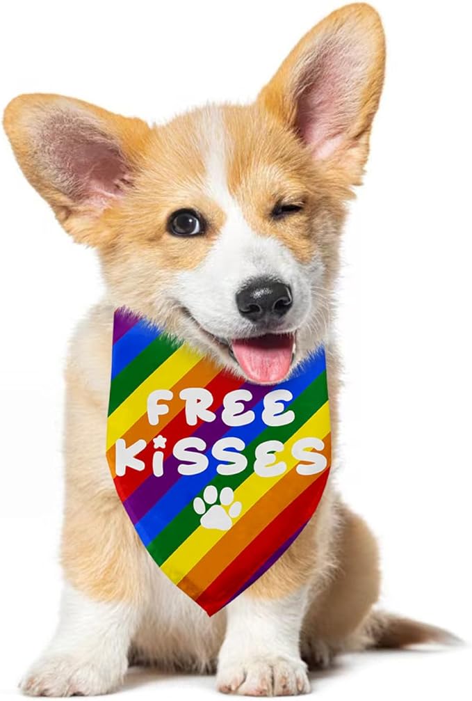 Free Kisses Rainbow Dog Bandanas, LGBTQ+ Pet Accessories for Pride Day Month Gifts for Dogs Owners LGBTQ+ Pride Dog Bandana Rainbow Pet Scarf for Small Medium Cats Dogs
