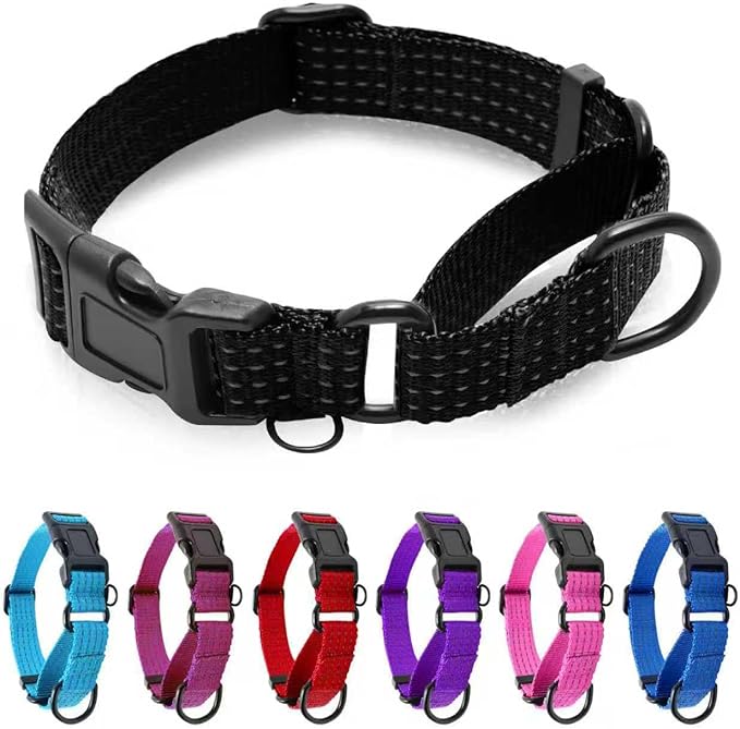 Martingale Dog Collar, Reflective No Pull Training Collar with Quick Release Buckle, Adjustable Heavy Duty Nylon Choker Collars for Small Medium Large Dogs(S,Black)
