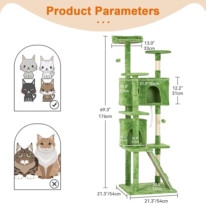 Cat Tree 69.3 inches Cat Tower for Indoor Cats Cat House with Replaceable and Removable Dangling Ball Cat Trees and Towers with Funny Toys, Green