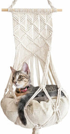 KARCEEY Macrame Cat Hammock Hanging Bed - Boho Wall Swing with Catnip Cushion for Wall Climber & Window Perch - Hardware Kit Included