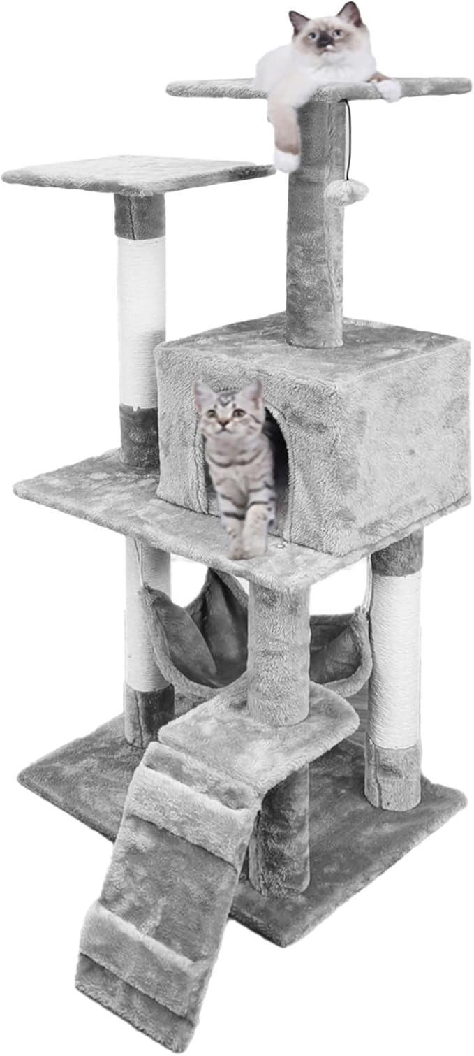 FixtureDisplays® 19.7X23X49" Cat Tree Condo Furniture with Sisal-Covered Scratching Posts, Plush Condo, 2 Platforms, Perch Hammock for Kittens, Cats and Pets Light Gray 12240-NF