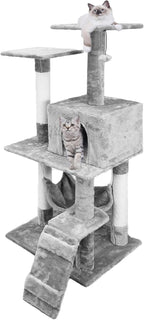 FixtureDisplays® 19.7X23X49" Cat Tree Condo Furniture with Sisal-Covered Scratching Posts, Plush Condo, 2 Platforms, Perch Hammock for Kittens, Cats and Pets Light Gray 12240-NF