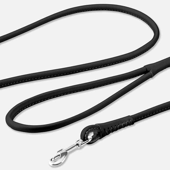 CollarDirect Rolled Leather Dog Leash 6ft, Soft Training Leather Dog Leash for Puppy and Grown Dog Small Medium Large Black Blue Red Orange Green Pink White (Black, Size XL 6ft)
