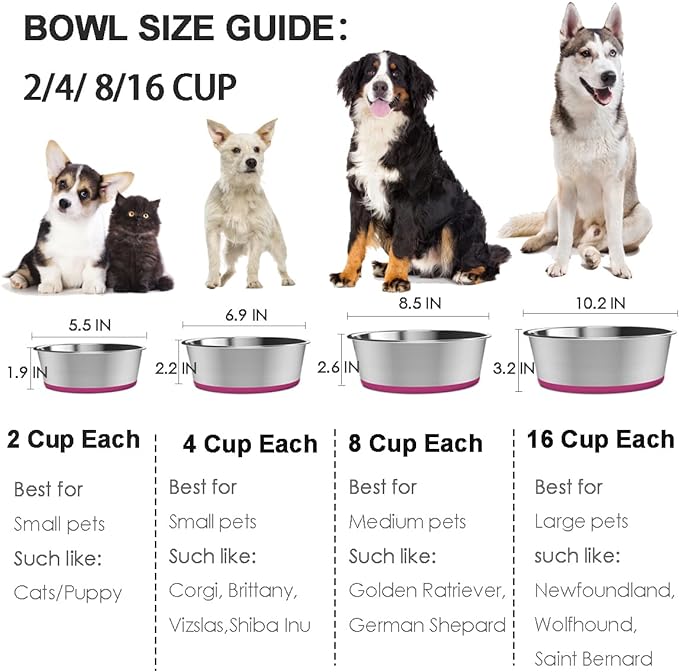 Deep Stainless Steel Non-Skid Dog and Food Bowls, Each Holds Up to 2 Cups, Set of 2 Packs(5.5 x 1.9 Inches)