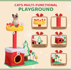 VINGLI 29.5IN Christmas Themed Plush Cat Tree, Multi Level Cat Tower with Condo, Crown Top Perch, Xmas Tree Sisal Scratching Ramp & Post, Spring Hanging Balls Indoor Kitten Cat Activity Center