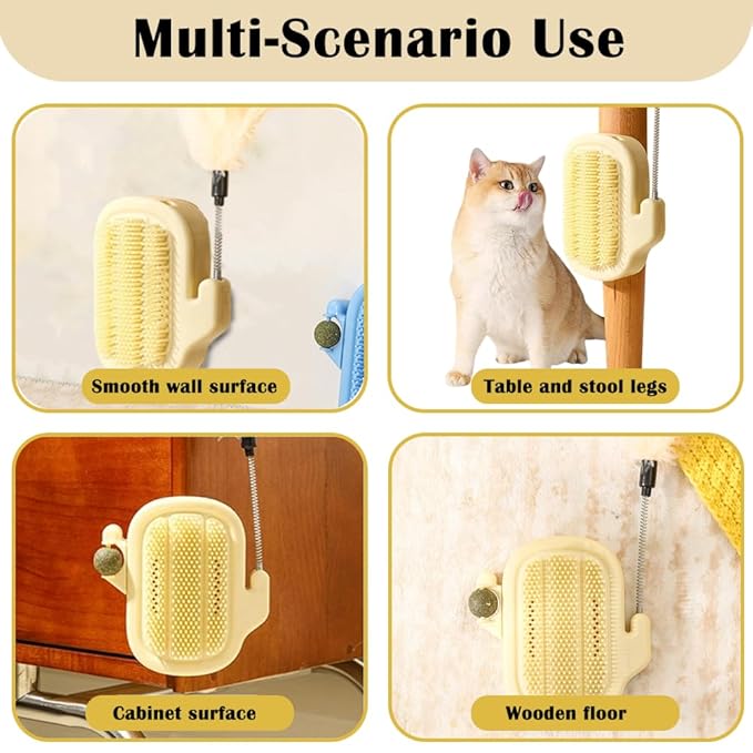 3-in-1 Cat Self Groomer Brush – Wall Corner Cat Scratch Pad with Catnip Ball & Feather Toy, Cactus-Style Wall Brush for Indoor Cats, Cats Massager & Face Scratchers for Fur Pets