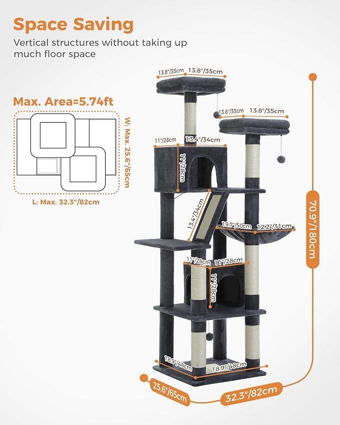 PEQULTI 71'' Cat Tree for Indoor Cats with Big Hammock, Tall Cat Tower for Large Cats with 2 Cat Condo, 2 Soft Top Perch, Scratching Posts and Pad, Dark Grey