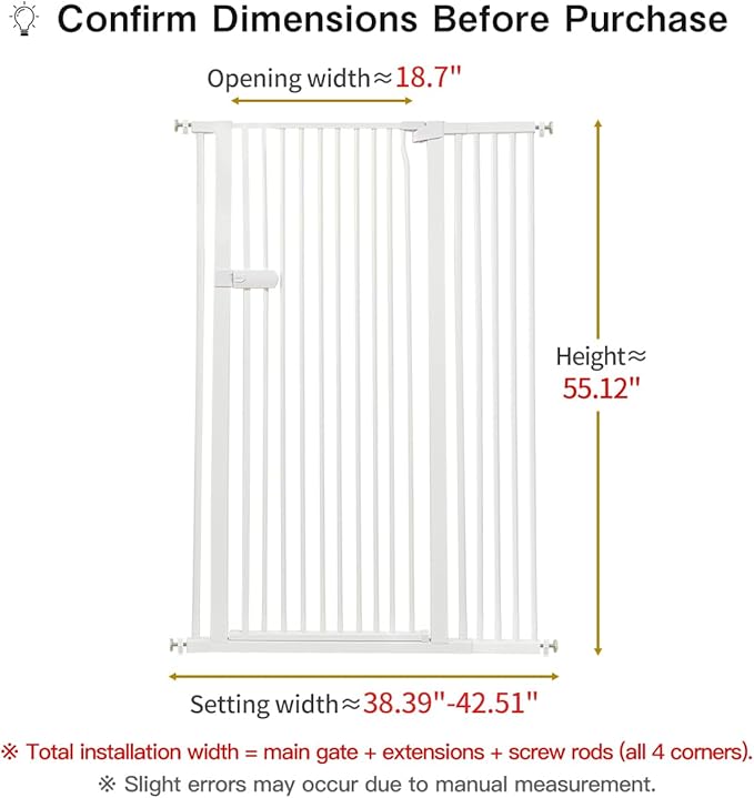 Lumizone Extra Tall Cat Gate 55.12" High Pressure Mounted Extra Wide 2025 New (17 Sizes) 1.37" Gap No Drilling Auto-Close One-Handed Operation Tall Pet Gate for Dogs(White, 55.12" H x 38.39"-42.51" W)