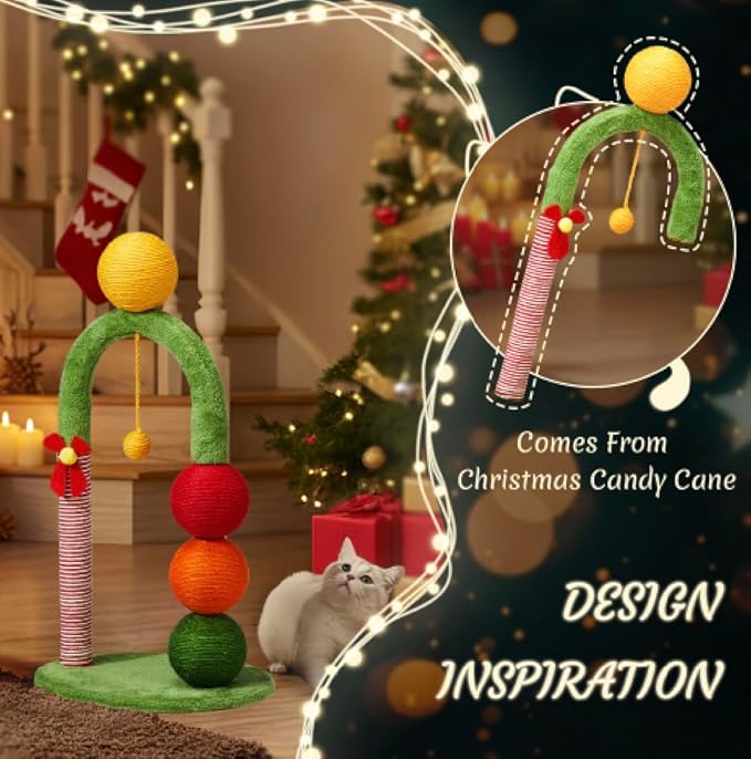 VINGLI 29IN Christmas Cat Tree Tower with Sisal Scratcher Balls, Holiday Cat Scratching Post with Candy Cane Pole & Dangling Ball Toy, Cute Indoor Cat Tree for Kittens & Adult Cats