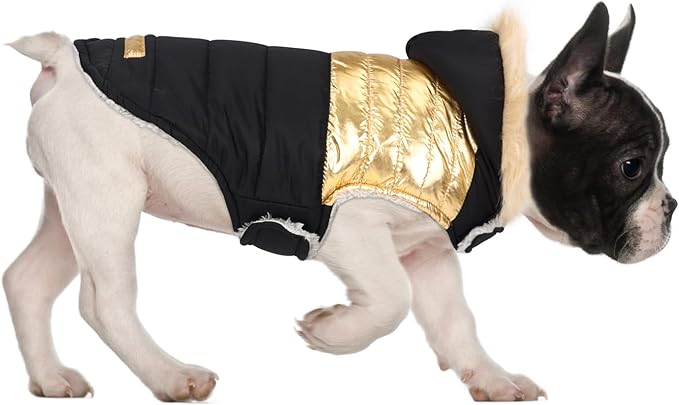 HDE Dog Puffer Jacket Fleece Lined Warm Dog Parka Winter Coat with Harness Hole 90s Black and Gold Metallic - M