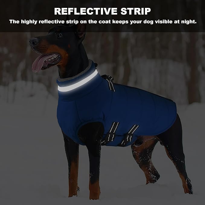 Mklhgty Dog Coat with Harness Built-in, Waterproof Reflective Fleece Lined - Warm Windproof Winter Jacket with Back Zipper, Cold Weather Snow Dog Coats - Blue - L