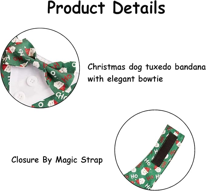 Adjustable Green Santa Christmas Dog Tuxedo Bandana with Bow Tie - Holiday Pet Outfit Costume for Dogs XS to XL