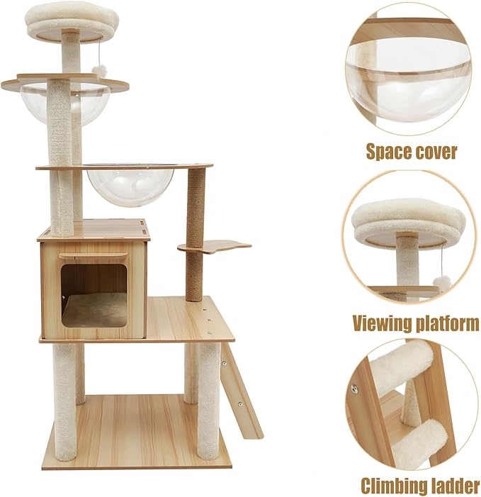 Cute Cat Tower 55 Inches, Multi-Level Cat Tree for Indoor Activity Cats, with Scratching Post and Comfortable Space Capsule, Nests for Cute Large Cats Kitten House
