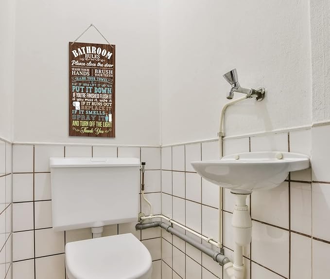 HALUOSI Humorous Wooden Bathroom Sign, 12 x 6 inches, Brown, Rustic Style, Wall Mount