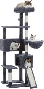 PEQULTI 60'' Cat Tree, Tall Cat Tower with 2 Large Condos, Wide Top Perch, Cozy Hammock and Sisal Scratching Posts for Indoor Cats Lare Adult Smoky Gray
