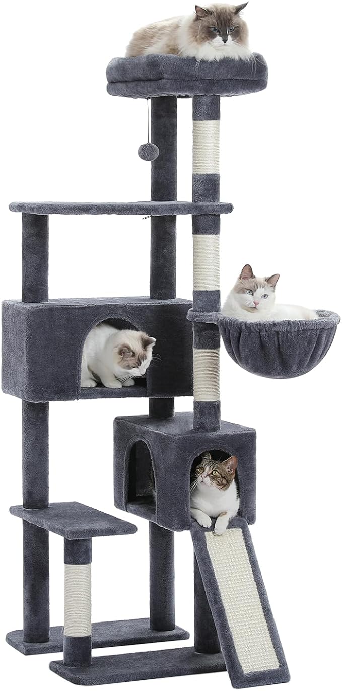 PEQULTI 60'' Cat Tree, Tall Cat Tower with 2 Large Condos, Wide Top Perch, Cozy Hammock and Sisal Scratching Posts for Indoor Cats Lare Adult Smoky Gray