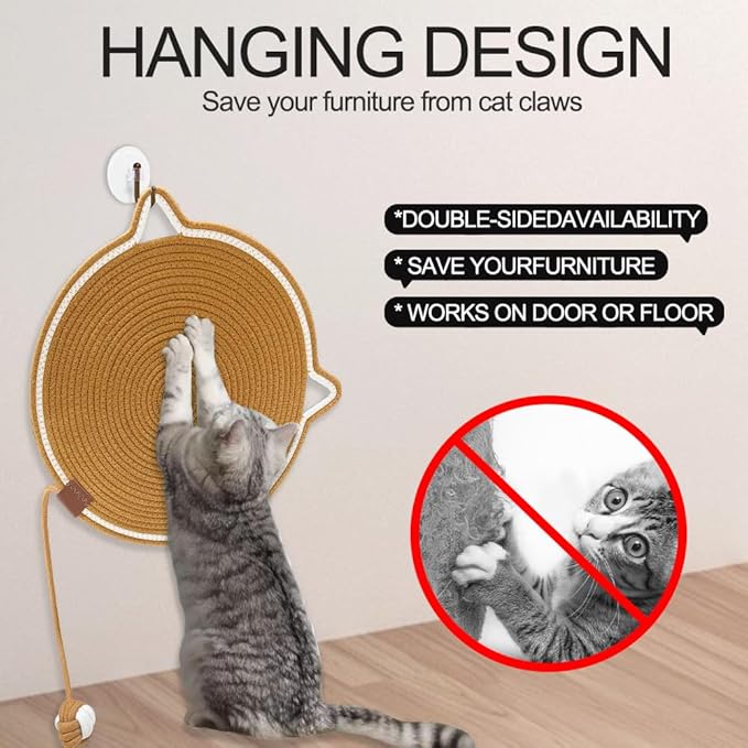 Personalized Cat Scratcher Mat, Customized with Name Text Natural Cotton Rope Round Horizontal Cat Scratching Pads with Ball Toy, Cat Furniture Protector for Wall, Couch, Carpets, Sofa (Brown)