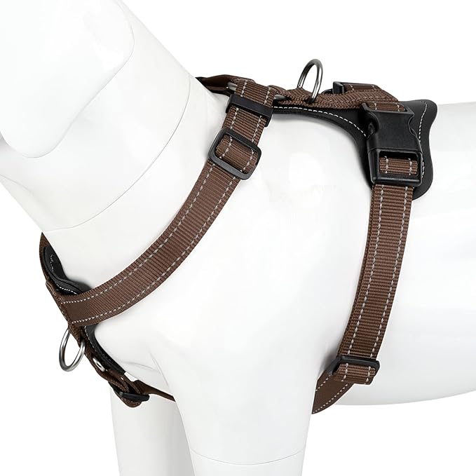 Plutus Pet Adjustable No Pull Dog Harness with Leather Accents, Heavy Duty Reflective Nylon Vest for Training, Hiking, Easy Walk Harness for Small, Medium, Large Dogs (Chocolate, XL)