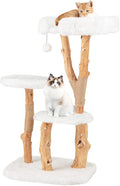 PETSITE 44 inch Wood Cat Tree, Modern Wooden Cat Tower with Jute Scratching Posts, Top Perch, Soft Long Plush and Dangling Ball, Pear Wood Branches Cute Cat Tree for Indoor Cats