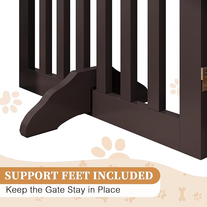 24”H Freestanding Wooden Pet Gate, Dog Gate for Stairs, Doorways, and Hallways, Step Over Foldable Pet Fence for Indoor Use, Support Feet Included, 60 inch Wide 3 Panels, Espresso