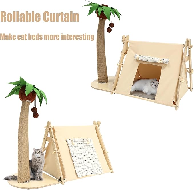 Coconut Tree Tent Cat Nest with 29.5" Scratching Post and Hanging Ball for Indoor Large Cats and Kittens