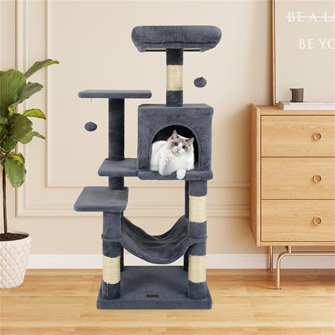SUBARASHII 44" Multi-Level Cat Tree with Spacious Top Perch, 2-Door Condo & Hammock for Indoor Cats -Gray