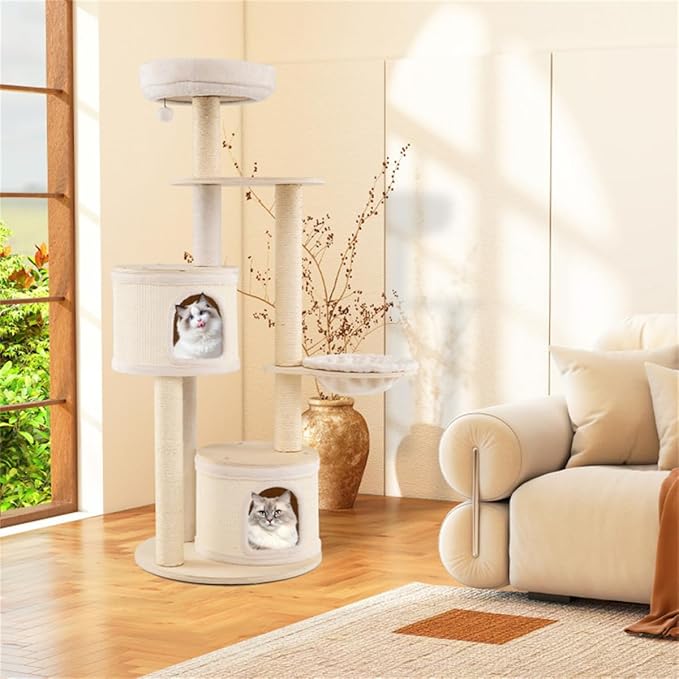 60" Tall Wood Cat Tree Tower with 2 Condos & Top Perch, Cat Tree for Indoor Cats Large Adult, Modern Cat Tree Tower for Large Cats with Sisal Scratching Posts