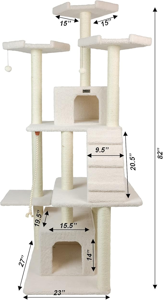 Armarkat B8201 Classic Real Wood Cat Tree in Ivory, Multi Levels with Ramp, Three Perches, Rope Swing, Two Condos