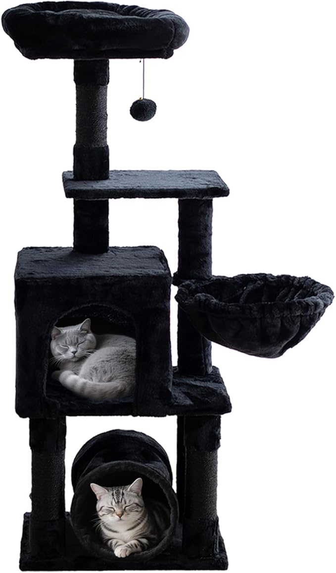 Cat Tree,Cat Tower for Indoor Cats,49-Inch Corner Cat Condo with Scratching Post,Tunnel,Basket,Plush Perch,Gothic Kitten Tree for Climbing,Exercise,Hidden,Black