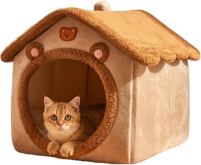 Cat Beds for Indoor Cats, Cute Bear Shape Cat Bed Cave, Pet House Cats Tent with Removable Cushion Pillow for Kittens Puppy Small Dogs (Brown, M-18 * 14.6 * 15.7in)