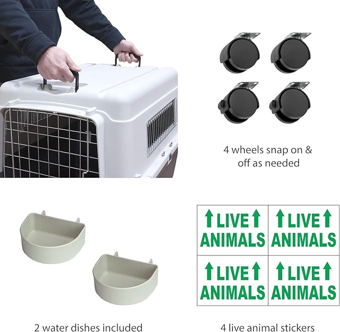 SportPet Airline Compliant XX-LARGE 36" Travel Dog Kennel-Durable Plastic Airline Pet Carrier w/ Removable Wheels & Food Bowls, Collapsible Indoor/Outdoor Dog Kennel, Dogs up to 36"L & 27"H-Cream/Gray