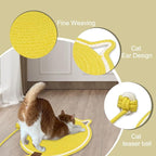 Personalized Cat Scratcher Mat, Customized with Name Text Natural Cotton Rope Round Horizontal Cat Scratching Pads with Ball Toy, Cat Furniture Protector for Wall, Couch, Carpets, Sofa (Yellow)