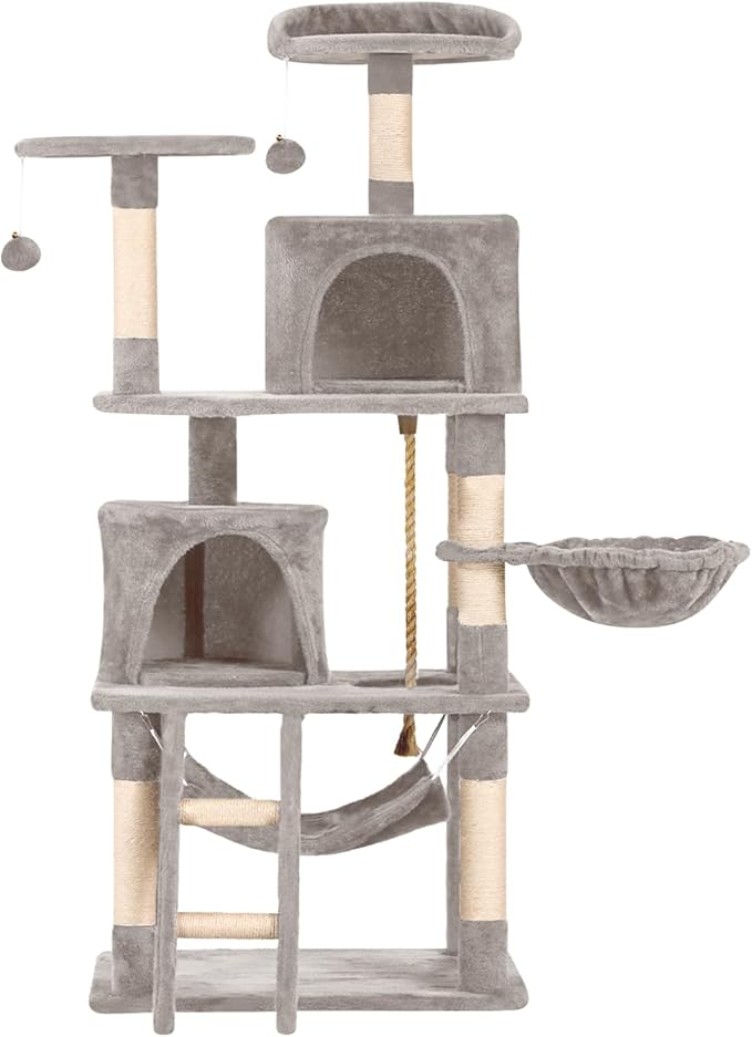 Cat Tree 60.63 inches Cat Tower for Indoor Cats, Multi-Level Cat Condo Furniture with Scratching Posts, Plush Perches, Activity Center with Cozy Basket & Hammock for Cats (Light Gray)
