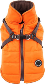 Puppia Mountaineer Winter Dog Coat with integrated harness No Pull Cold Weather Waterproof Warm Fleece Back Zipper for Small & Medium Dog, ORANGE, Small
