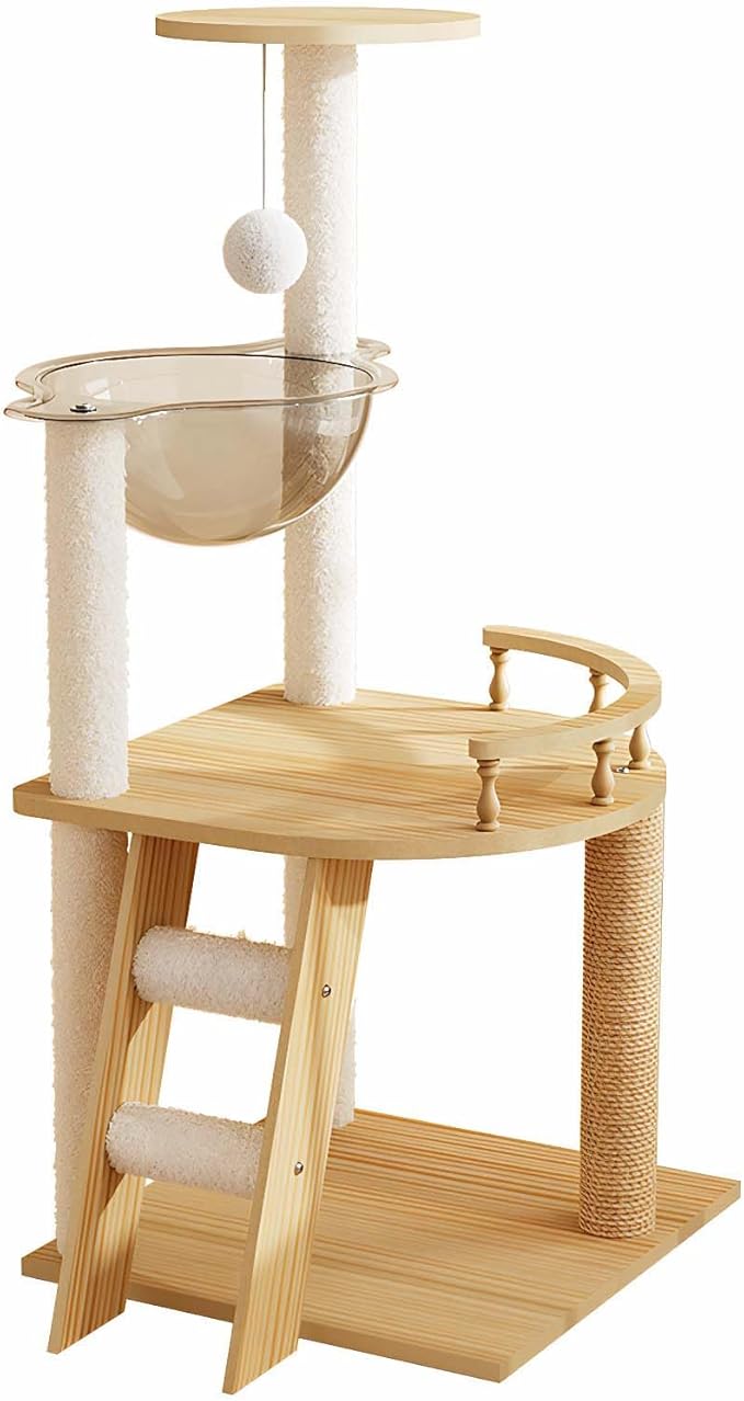 41.3” Wood Cat Tower with Sisal Scratching Post, Modern Cat Tree with Acrylic Bowl, Climbing Ladder & Hanging Ball Toy, Multi-Level Cat Activity Center (41.3 inch)