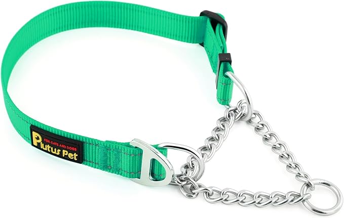 Plutus Pet Martingale Dog Collar with Stainless Steel Chain and Reflective Nylon, Adjustable No Pull Training Collar, for Small Medium, and Large Dogs, Green, M