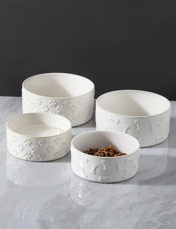 UBEE Ceramic Dog Bowl Set of 2, Dog Food Bowl Dish, Pet Food Water Dish Feeding for Small and Meidum Dogs and Large Cat, White, Paw + Bone Pattern, 6.1 in-Medium
