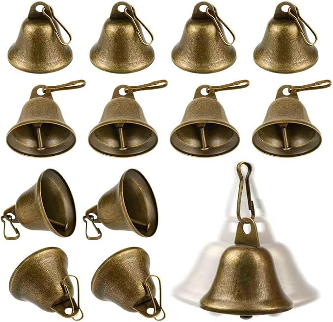 Craft Bells 12 Pcs Small Brass Bells for Crafts, Vintage Bronze Hanging Jingle Bells with Spring Hooks for Wind Chimes, Dog Training Doorbell, Mission Project, Wedding, Christmas, Easter & Home Decor