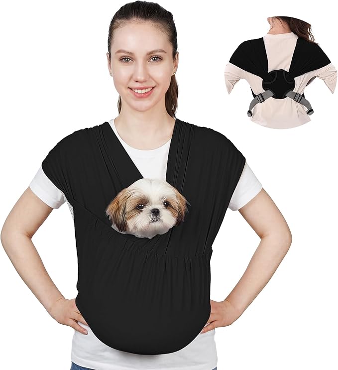 Supet Dog Sling Carrier for Small Pets, Hands Free Cat Sling, Reducing Back Neck Pain Anti-Anxiety Puppy Front, Adjustable Soft Dog Carrying (Black-2, Plus 7-15 Lbs)